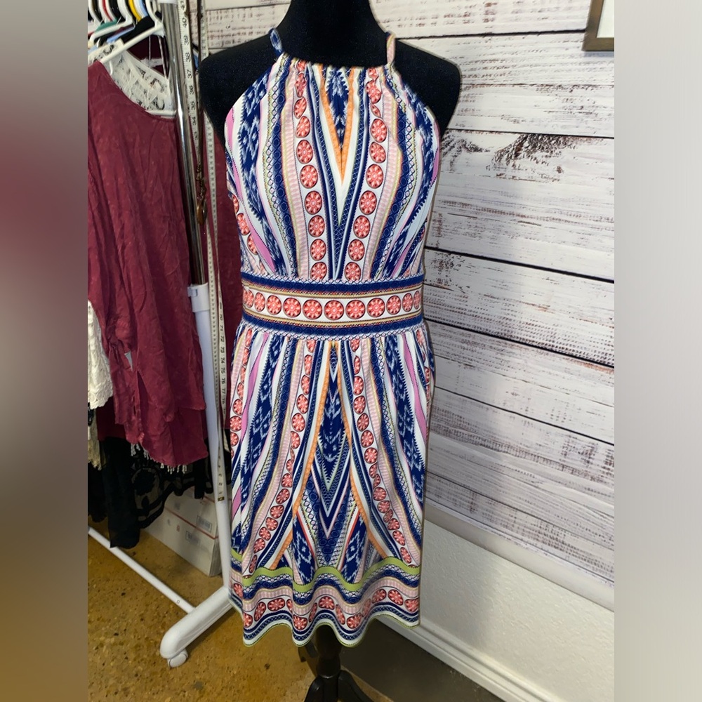 London Times Blue White Pink Patterned Halter Dress. Size 6. EUC.